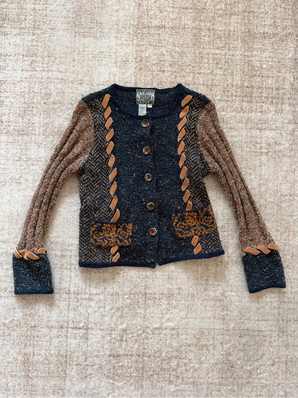 Curio NY Sweater Cardigan L Boucle Tweed Leopard Button Velvet Trim Boho Y2K